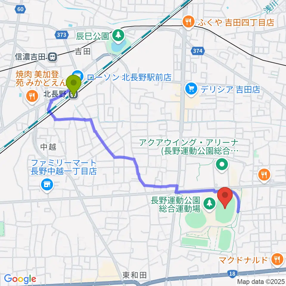 北長野駅から長野市営陸上競技場へのルートマップ地図