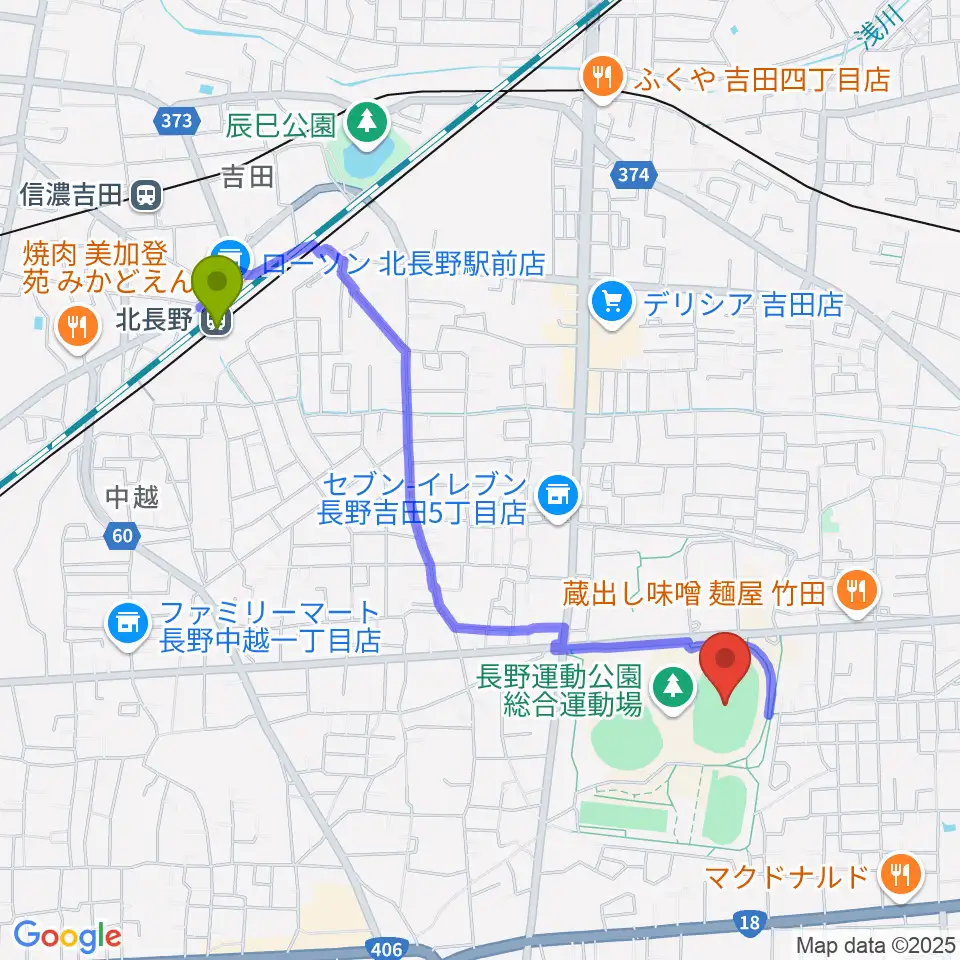 北長野駅から長野市営陸上競技場へのルートマップ地図