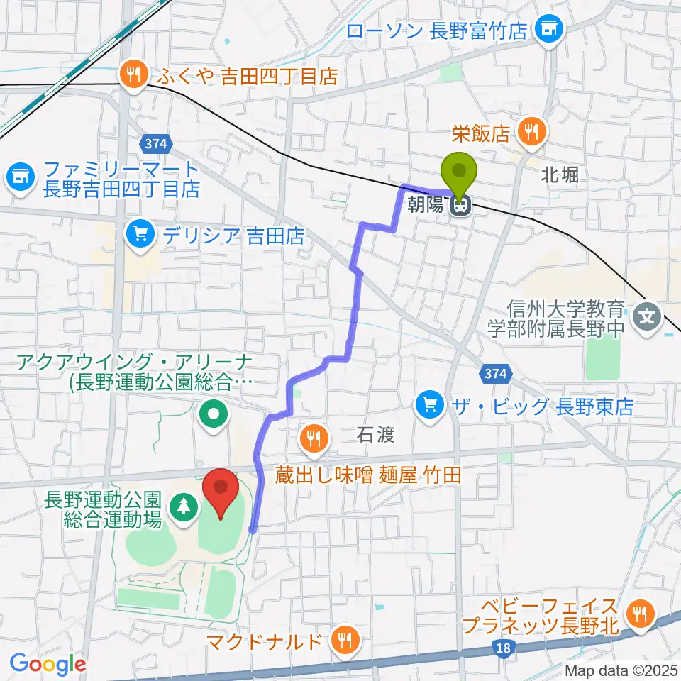 長野市営陸上競技場の最寄駅朝陽駅からの徒歩ルート（約18分）地図