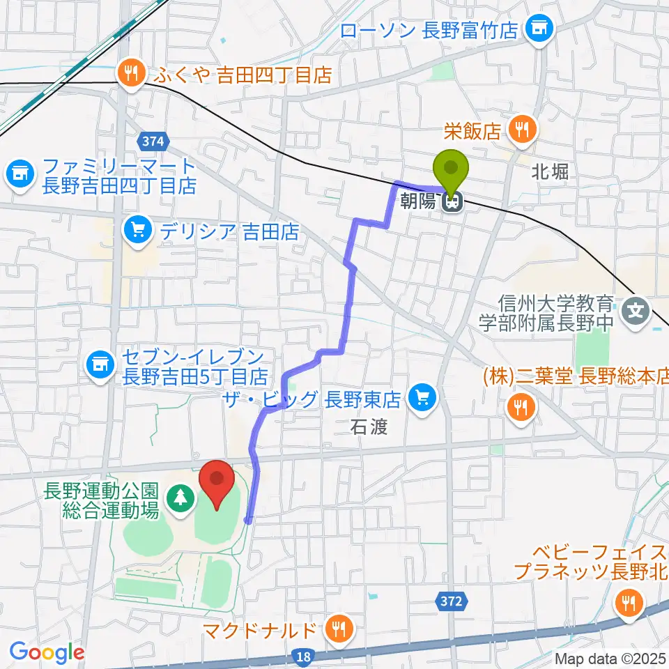 長野市営陸上競技場の最寄駅朝陽駅からの徒歩ルート（約18分）地図