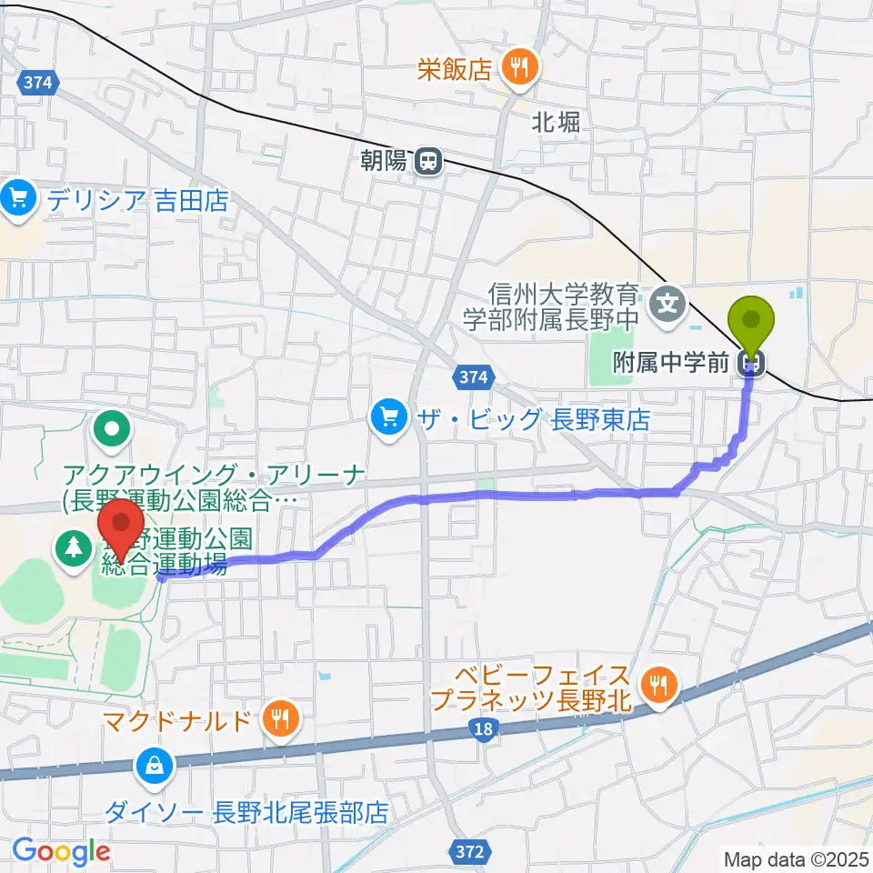 附属中学前駅から長野市営陸上競技場へのルートマップ地図