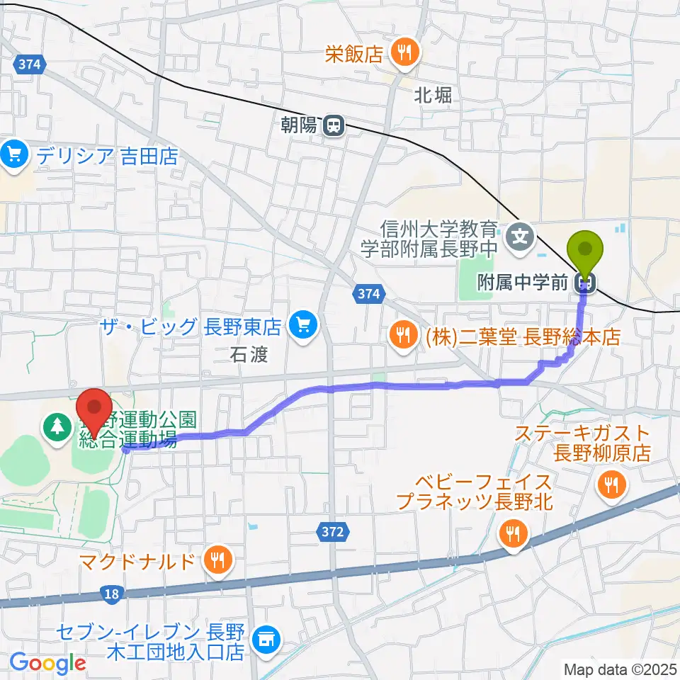附属中学前駅から長野市営陸上競技場へのルートマップ地図