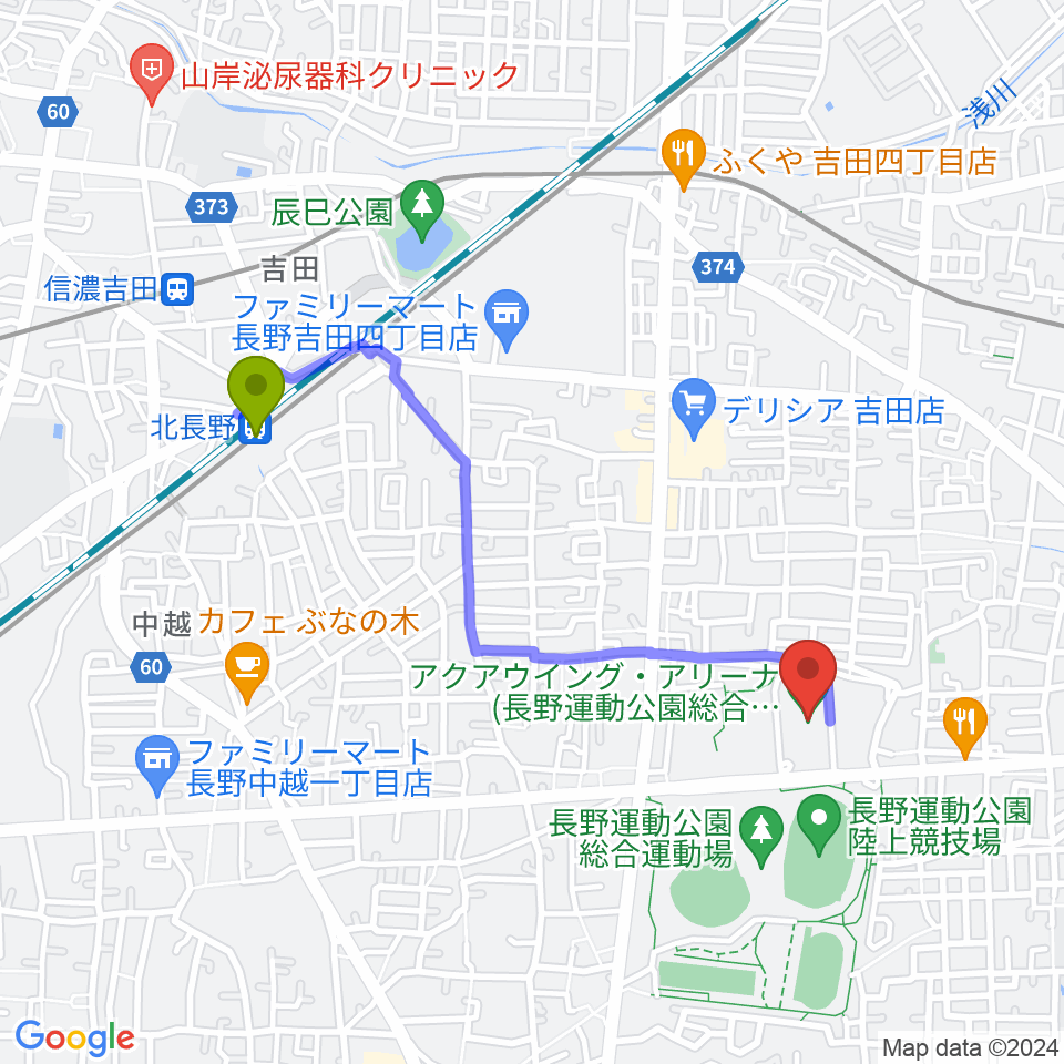 北長野駅からアクアウイングへのルートマップ地図