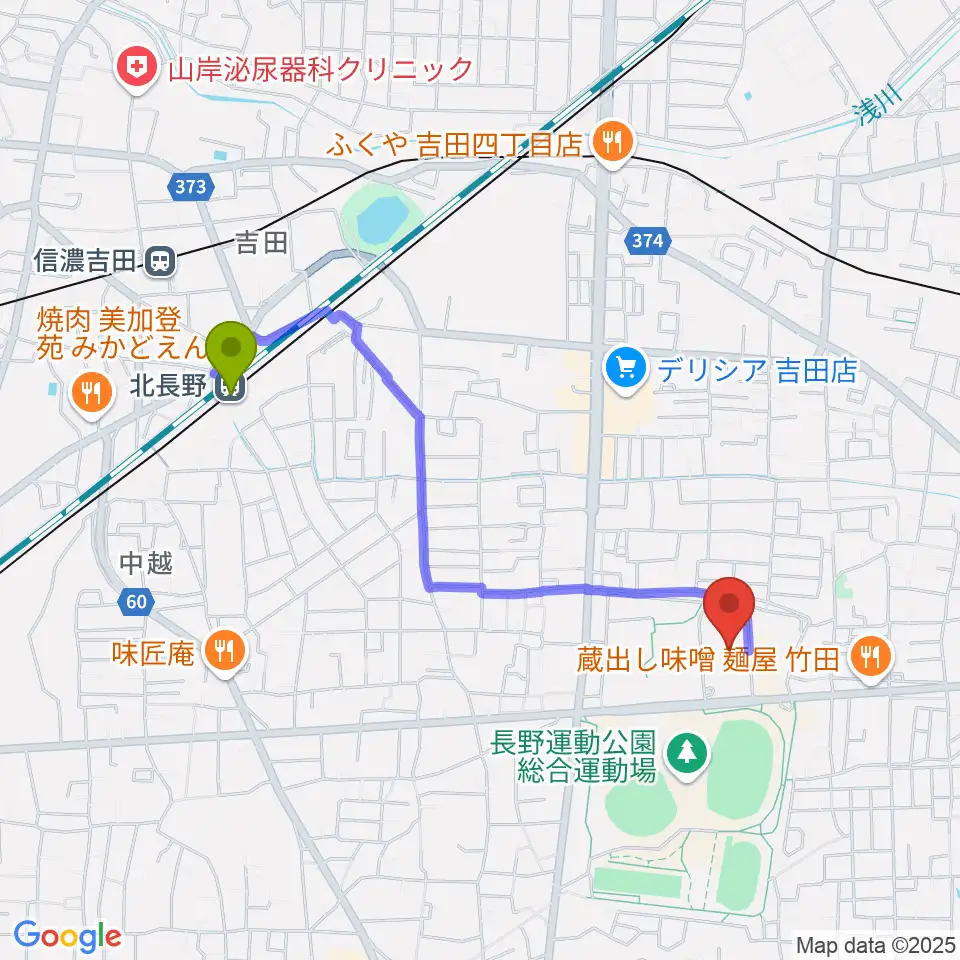 北長野駅からアクアウイングへのルートマップ地図