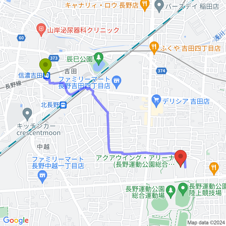 信濃吉田駅からアクアウイングへのルートマップ地図