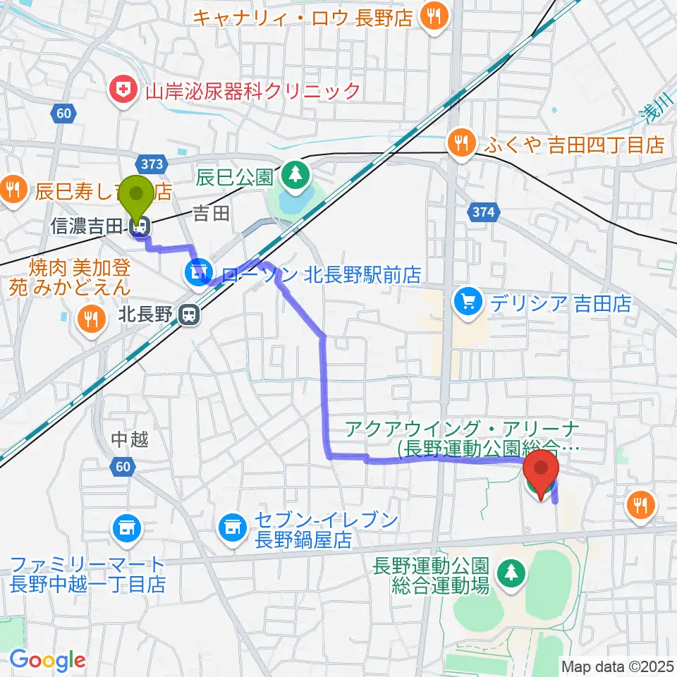 信濃吉田駅からアクアウイングへのルートマップ地図