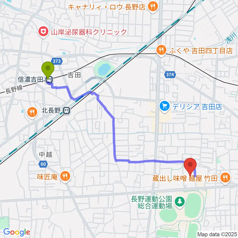 信濃吉田駅からアクアウイングへのルートマップ地図