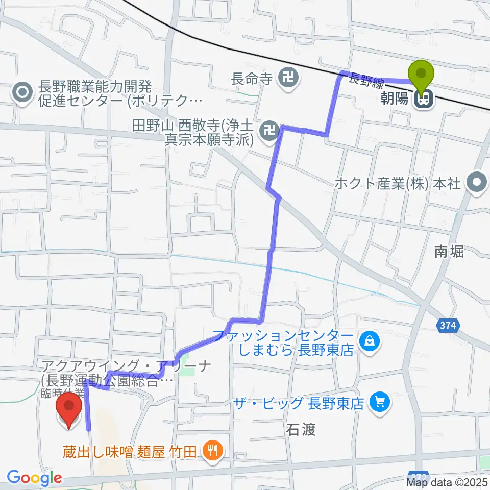 アクアウイングの最寄駅朝陽駅からの徒歩ルート（約15分）地図