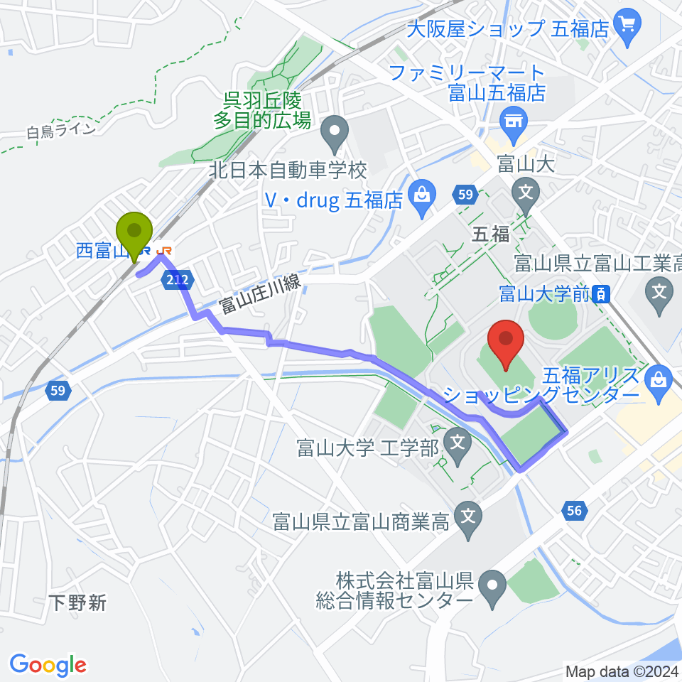 西富山駅から五福陸上競技場へのルートマップ地図