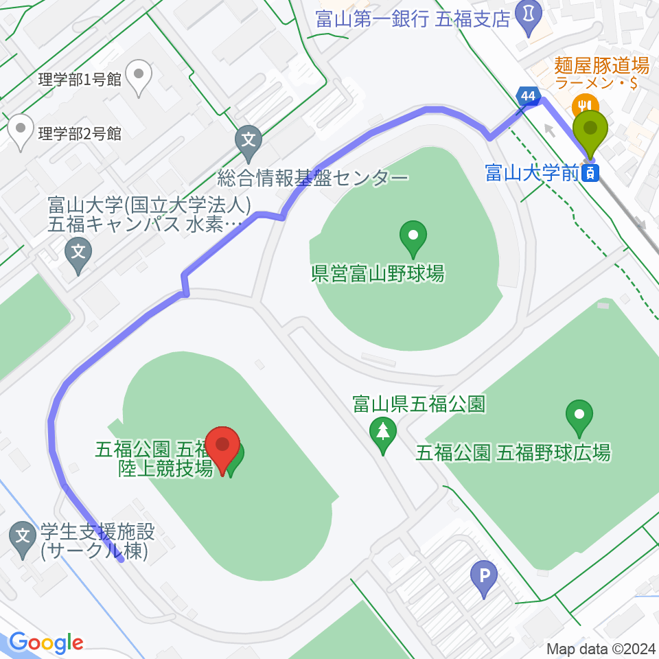 五福陸上競技場の最寄駅大学前駅からの徒歩ルート（約6分）地図
