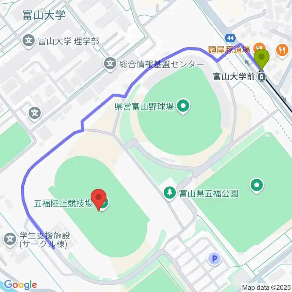五福陸上競技場の最寄駅大学前駅からの徒歩ルート（約6分）地図