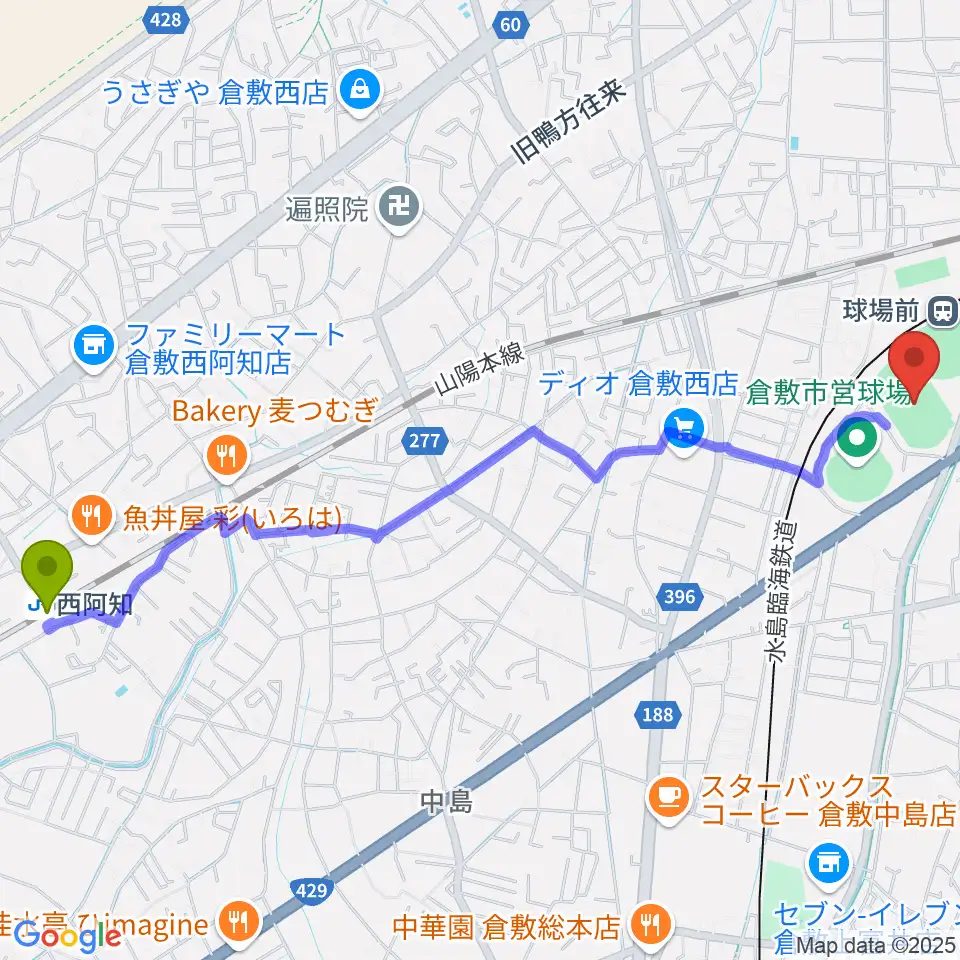 西阿知駅から倉敷運動公園陸上競技場へのルートマップ地図