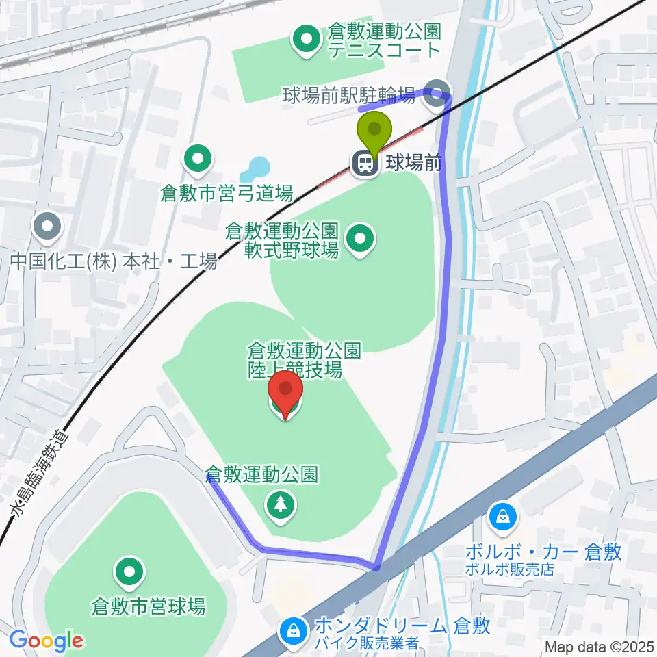 倉敷運動公園陸上競技場の最寄駅球場前駅からの徒歩ルート（約3分）地図