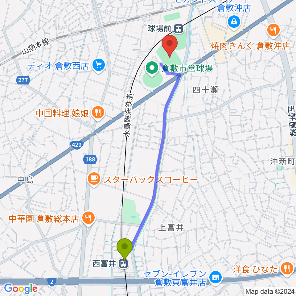 西富井駅から倉敷運動公園陸上競技場へのルートマップ地図