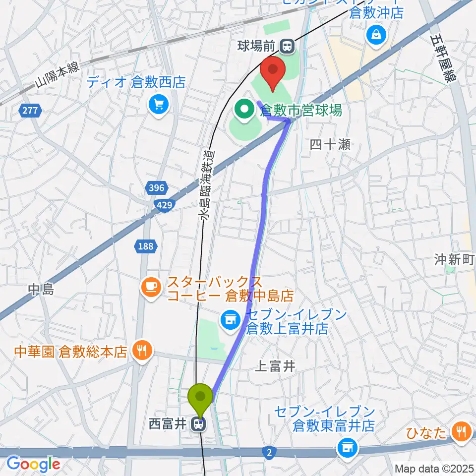 西富井駅から倉敷運動公園陸上競技場へのルートマップ地図