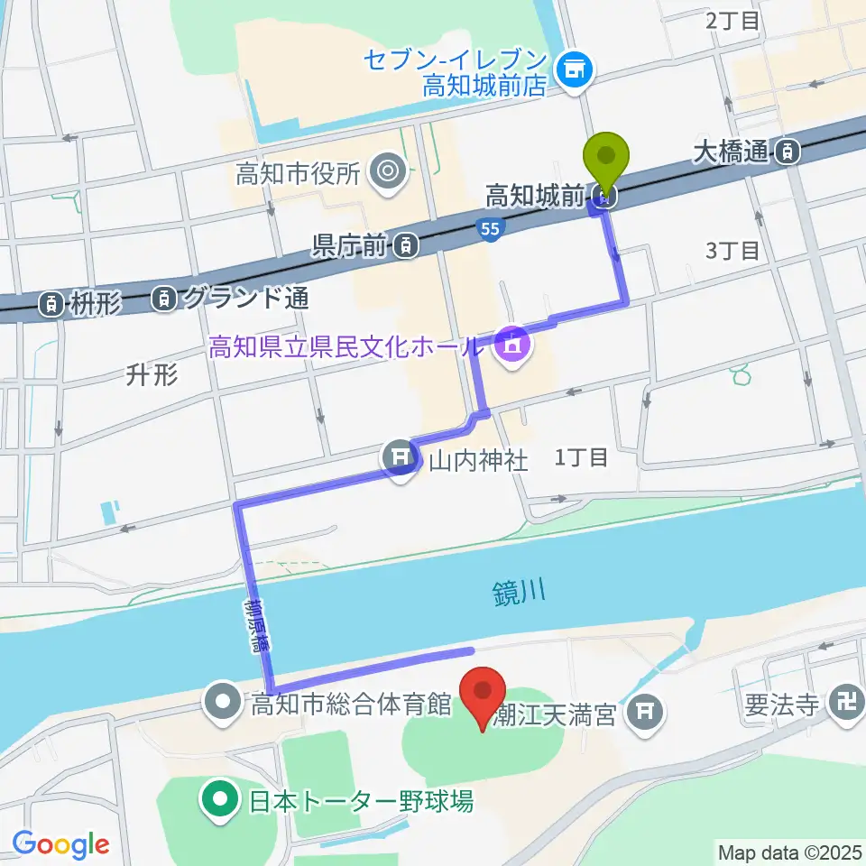 高知城前駅からりょうまスタジアムへのルートマップ地図