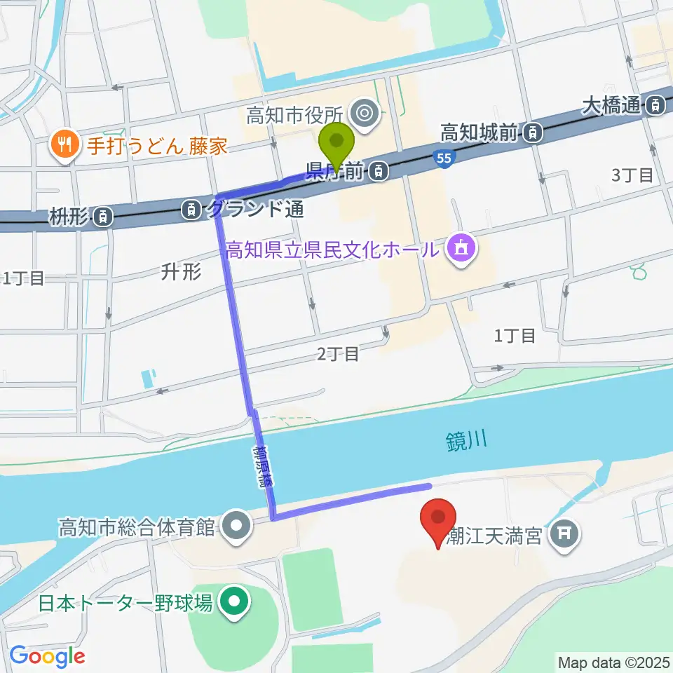 りょうまスタジアムの最寄駅県庁前駅からの徒歩ルート（約9分）地図