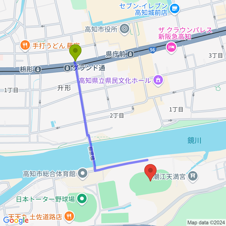 グランド通駅からりょうまスタジアムへのルートマップ地図