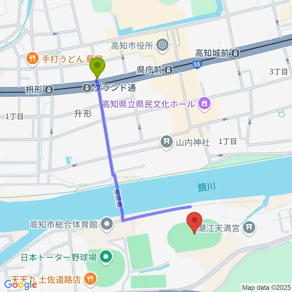 グランド通駅からりょうまスタジアムへのルートマップ地図