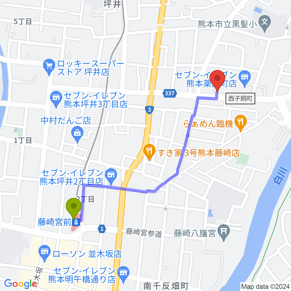 ロック会館の最寄駅藤崎宮前駅からの徒歩ルート（約11分）地図