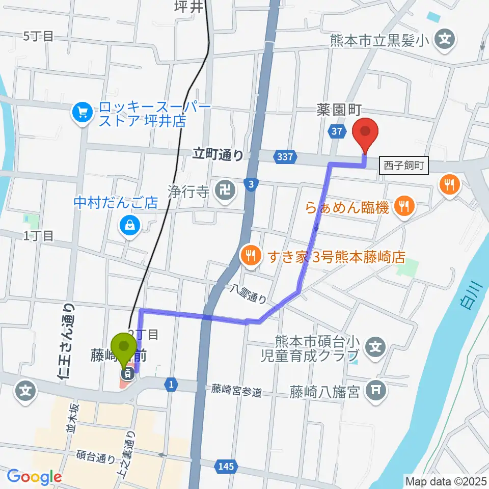 ロック会館の最寄駅藤崎宮前駅からの徒歩ルート（約11分）地図