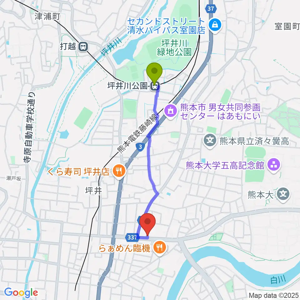 坪井川公園駅からロック会館へのルートマップ地図