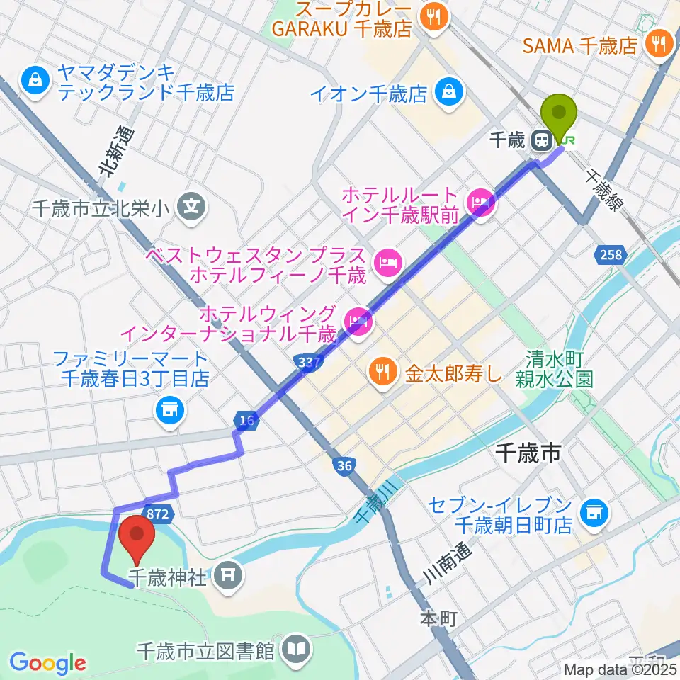 ダイナックスアリーナの最寄駅千歳駅からの徒歩ルート（約25分）地図