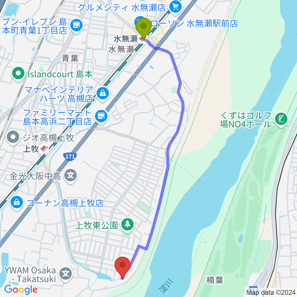 水無瀬駅からサロンドゥムジークカンマキへのルートマップ地図