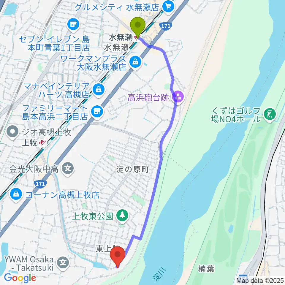 水無瀬駅からサロンドゥムジークカンマキへのルートマップ地図