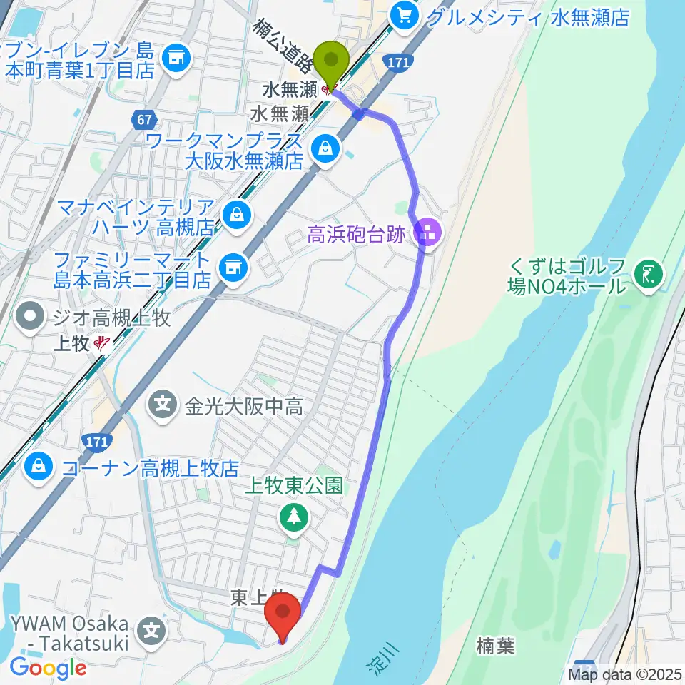 水無瀬駅からサロンドゥムジークカンマキへのルートマップ地図
