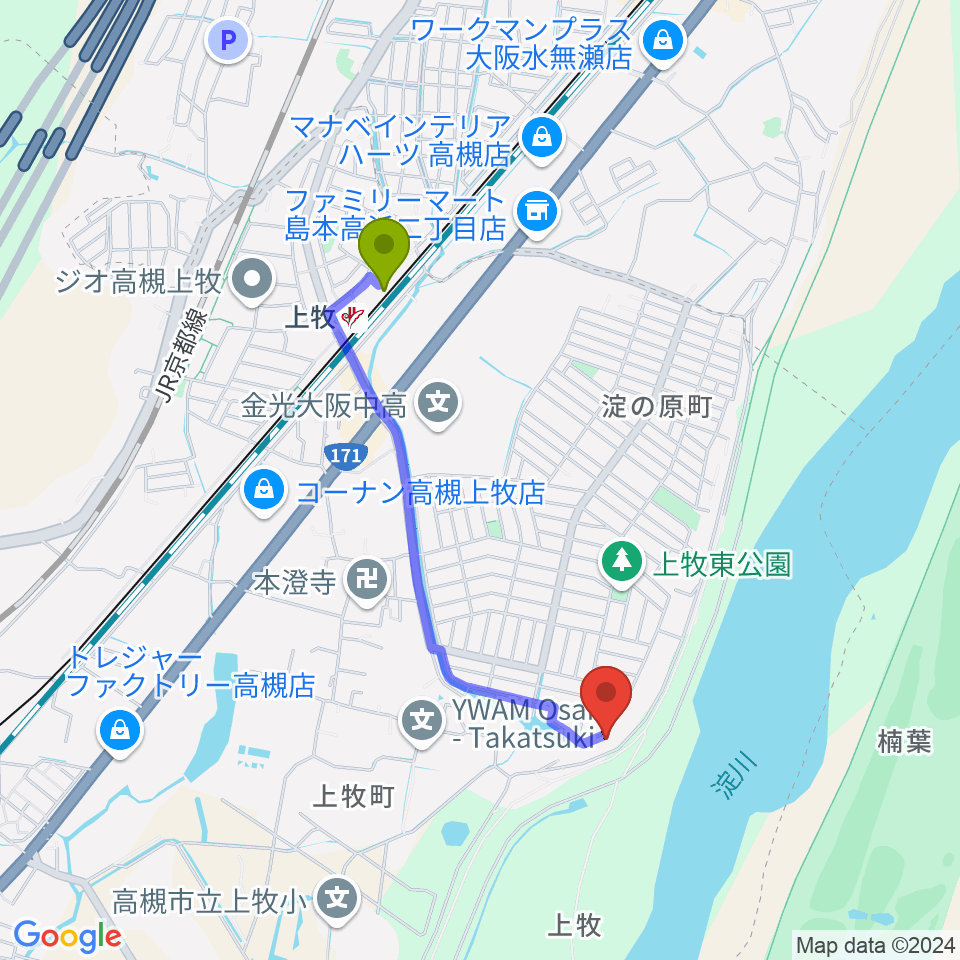 上牧駅からサロンドゥムジークカンマキへのルートマップ地図