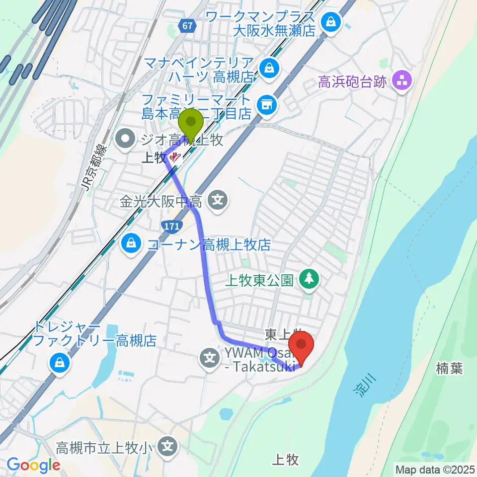 上牧駅からサロンドゥムジークカンマキへのルートマップ地図