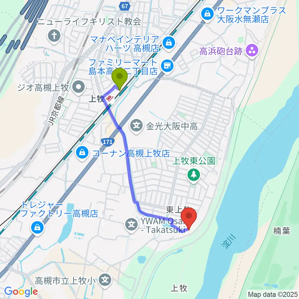 上牧駅からサロンドゥムジークカンマキへのルートマップ地図