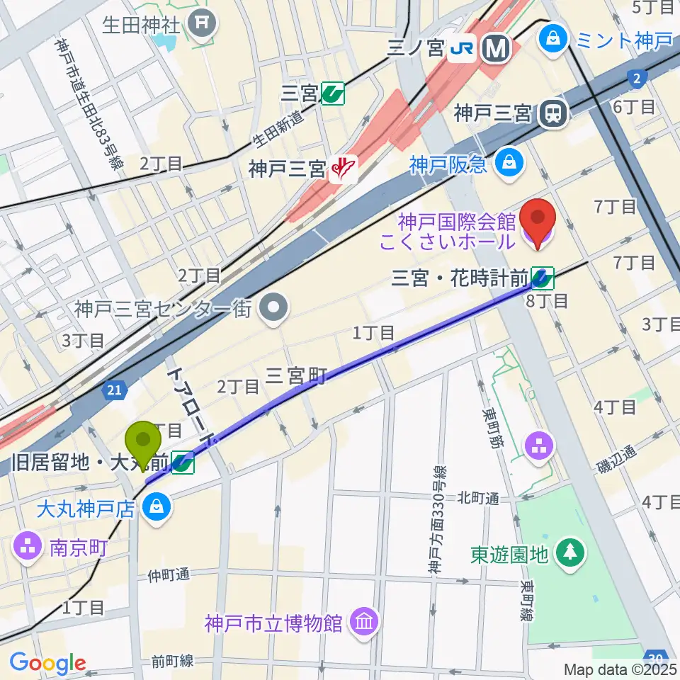 旧居留地・大丸前駅からキノシネマ神戸国際へのルートマップ地図