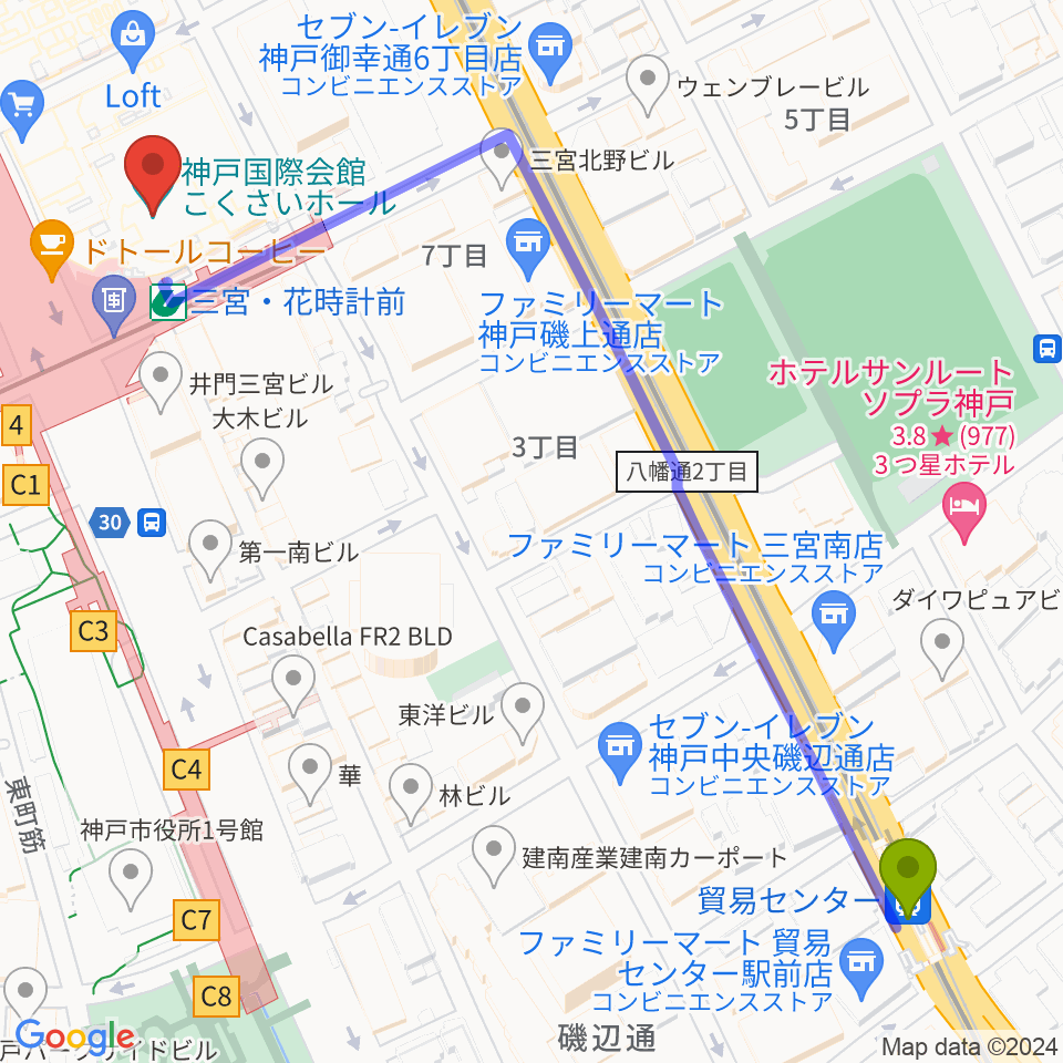 貿易センター駅からキノシネマ神戸国際へのルートマップ地図