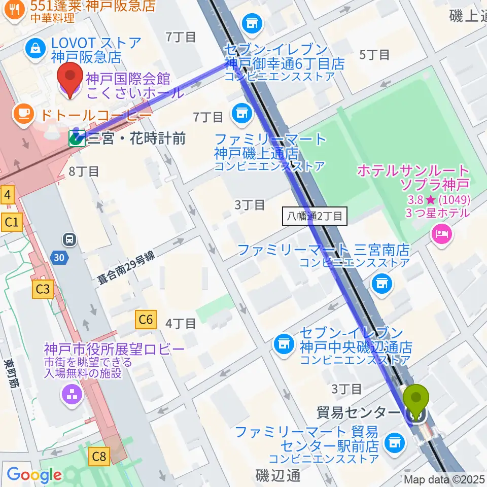 貿易センター駅からキノシネマ神戸国際へのルートマップ地図