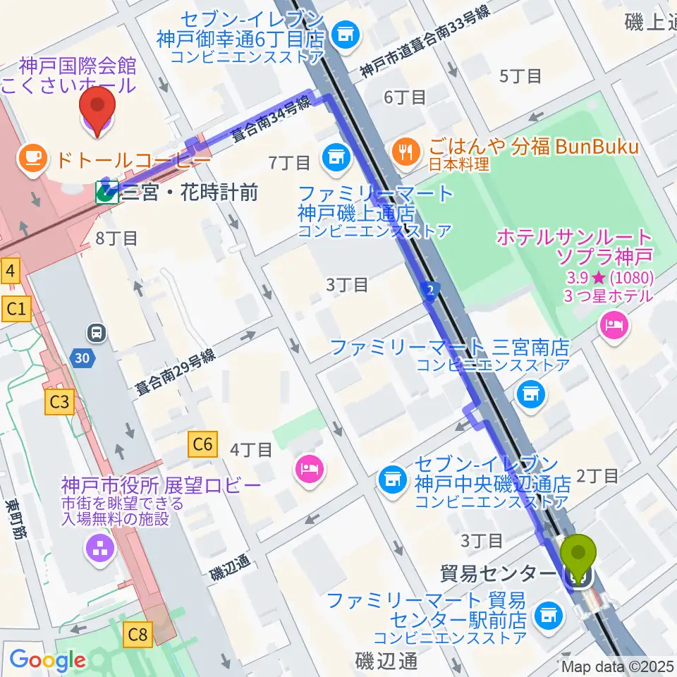貿易センター駅からキノシネマ神戸国際へのルートマップ地図