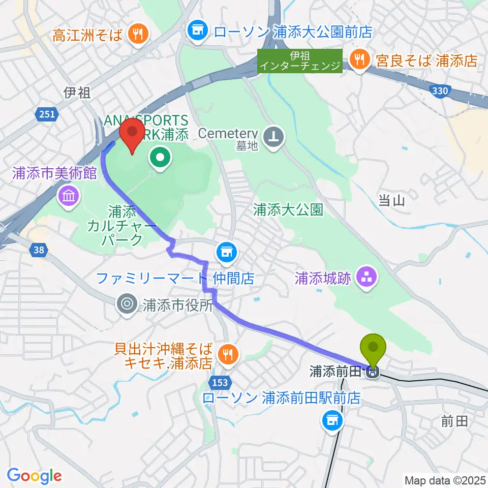 ANA FIELD 浦添の最寄駅浦添前田駅からの徒歩ルート（約23分）地図