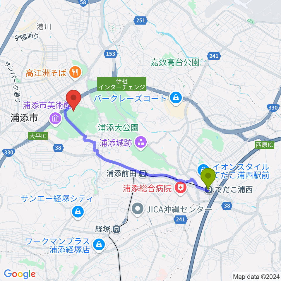 てだこ浦西駅からANA FIELD 浦添へのルートマップ地図