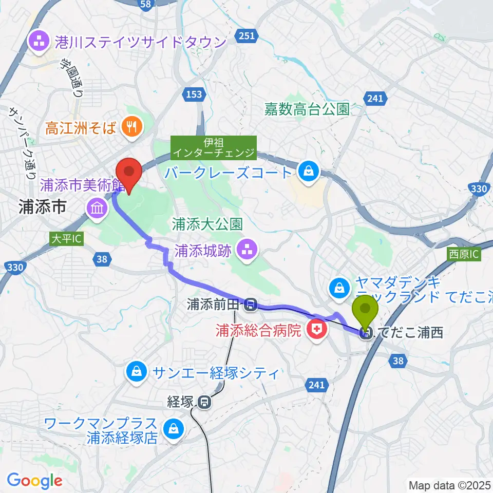 てだこ浦西駅からANA FIELD 浦添へのルートマップ地図