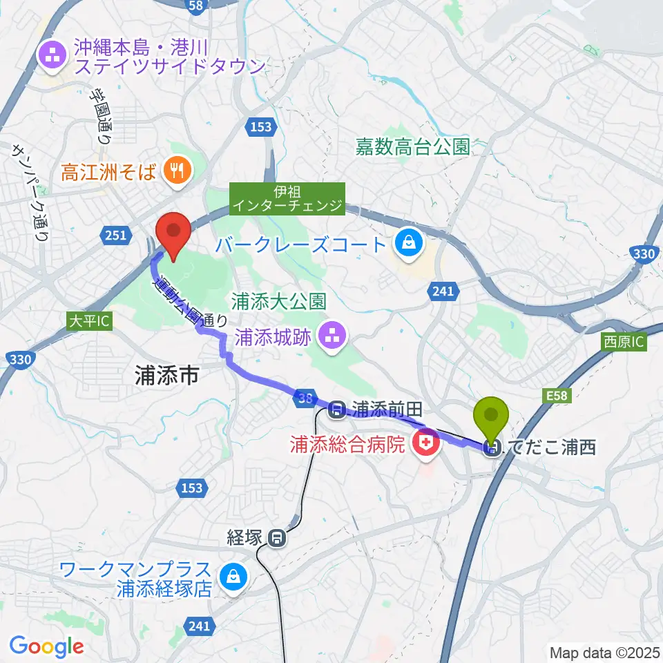 てだこ浦西駅からANA FIELD 浦添へのルートマップ地図