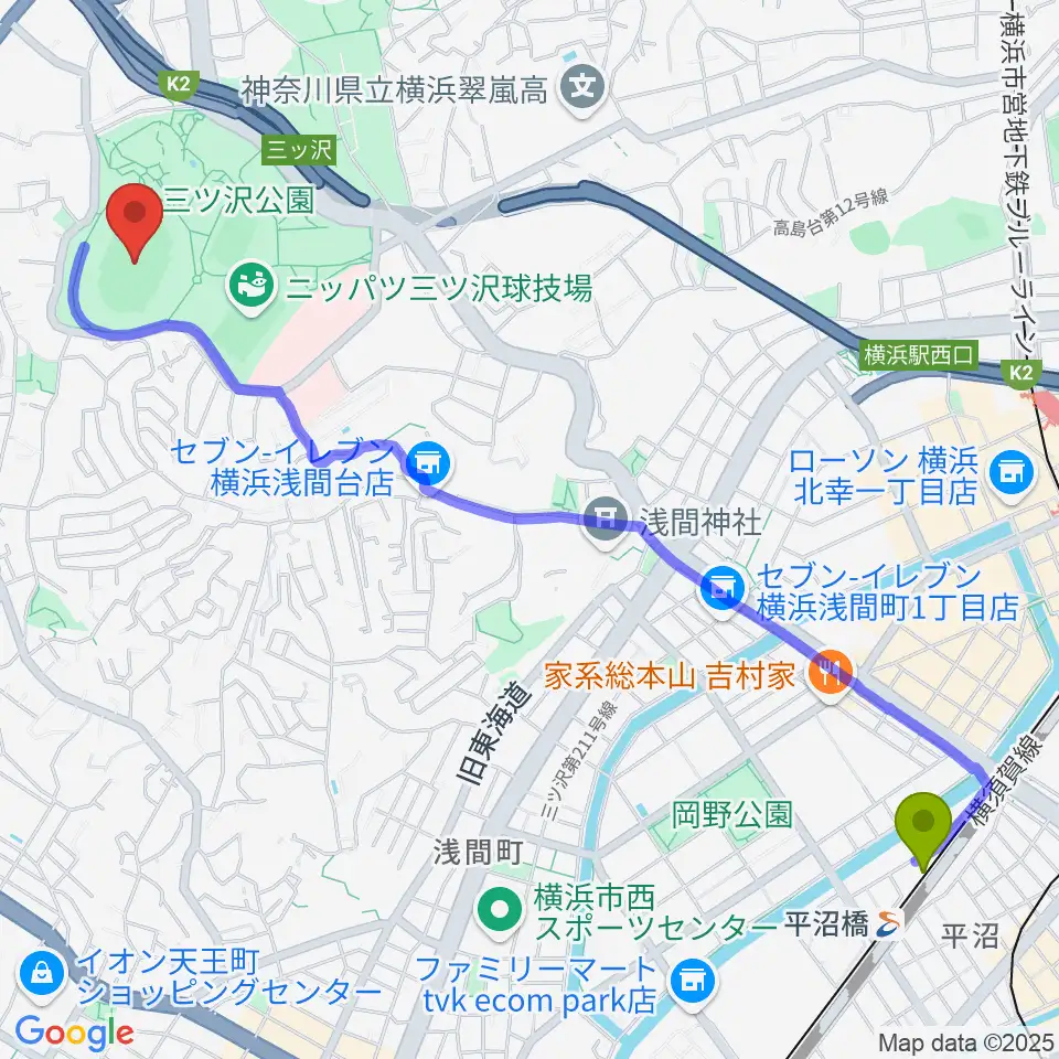 平沼橋駅から三ツ沢公園陸上競技場へのルートマップ地図