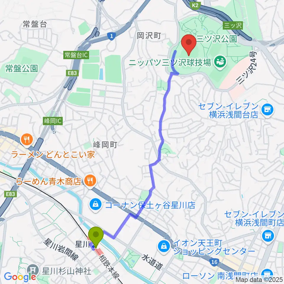 星川駅から三ツ沢公園陸上競技場へのルートマップ地図