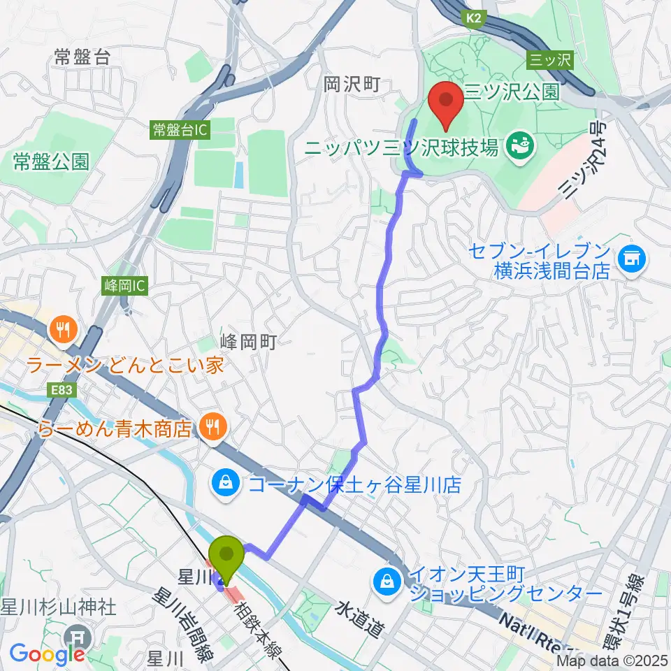 星川駅から三ツ沢公園陸上競技場へのルートマップ地図
