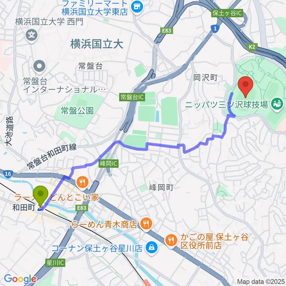 和田町駅から三ツ沢公園陸上競技場へのルートマップ地図