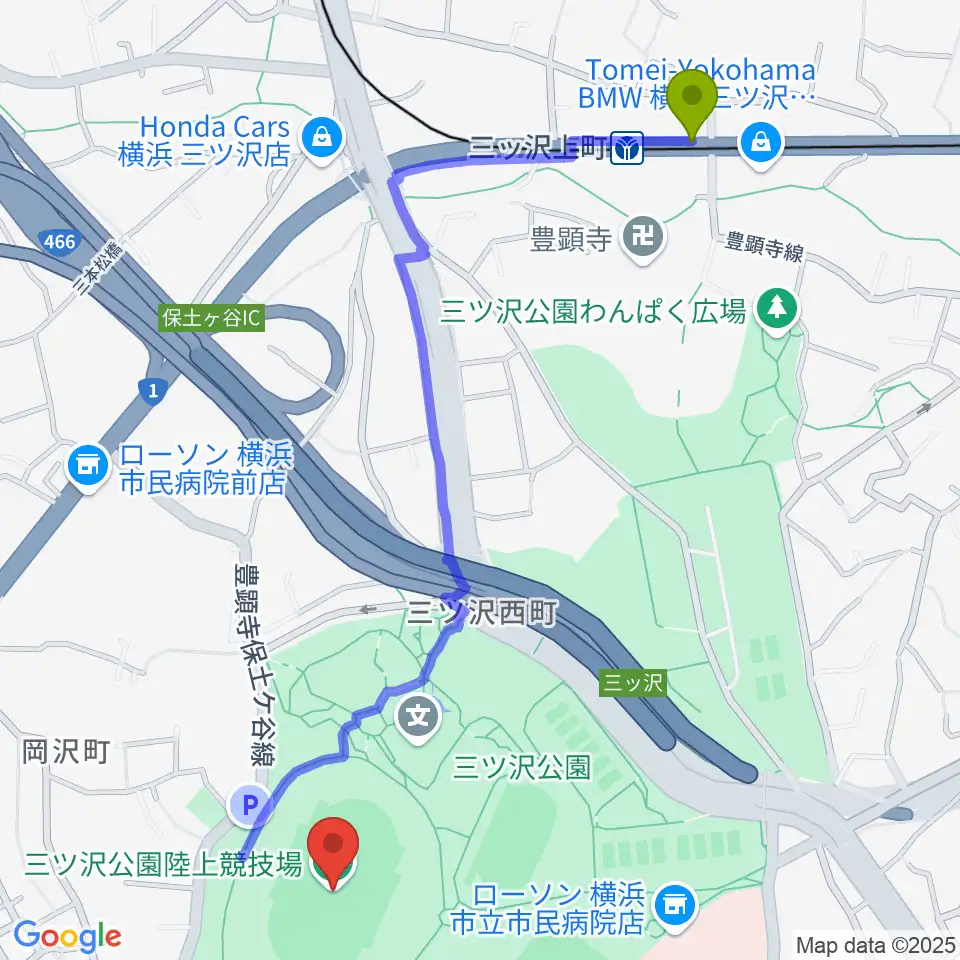 三ツ沢公園陸上競技場の最寄駅三ツ沢上町駅からの徒歩ルート（約13分）地図