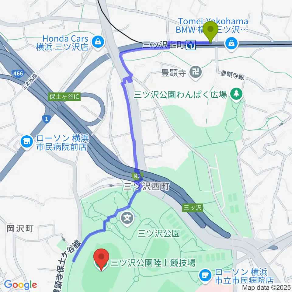 三ツ沢公園陸上競技場の最寄駅三ツ沢上町駅からの徒歩ルート（約13分）地図
