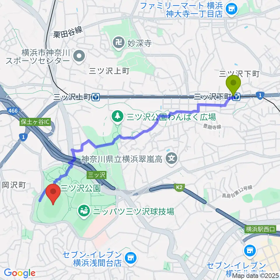 三ツ沢下町駅から三ツ沢公園陸上競技場へのルートマップ地図