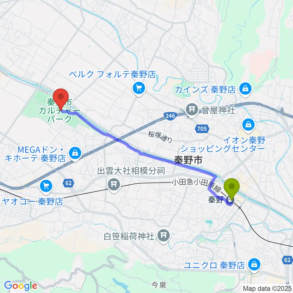 秦野駅から秦野市カルチャーパーク陸上競技場へのルートマップ地図