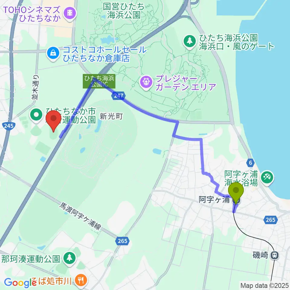 ひたちなか市陸上競技場の最寄駅阿字ヶ浦駅からの徒歩ルート（約42分）地図